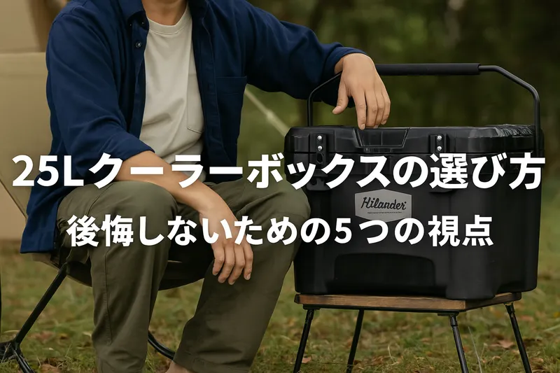 キャンプ場でHilanderの25Lクーラーボックスを選ぶための5つの視点を紹介するアイキャッチ画像。製品選びのポイントをわかりやすく解説する日本語テキスト入り。