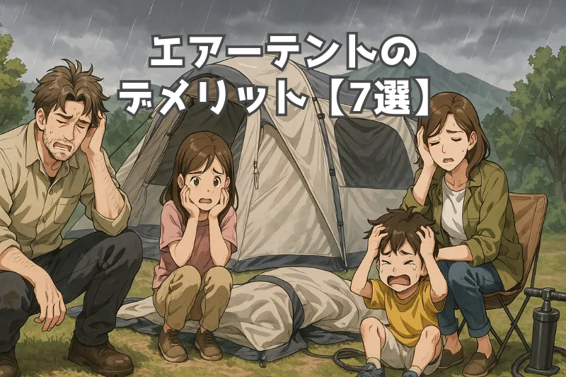 キャンプ場でエアーテントを設営したものの、強風や雨漏りなどトラブルに見舞われ、家族全員が困った表情をしている様子。山を背景にした自然のキャンプサイトで、エアーテントのデメリットを象徴的に表現したイラスト。
