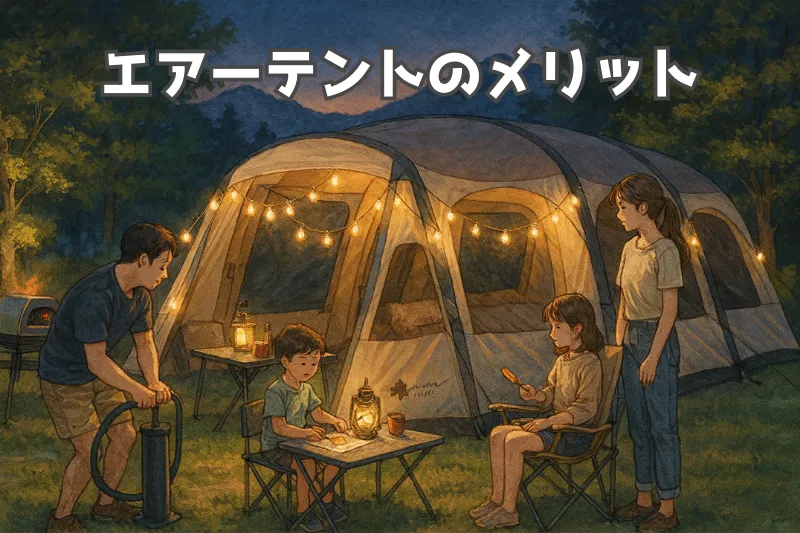 エアーテントのメリット｜星空の下で家族が楽しむキャンプ。ランタンに照らされたテントと山並みの夜景イラスト