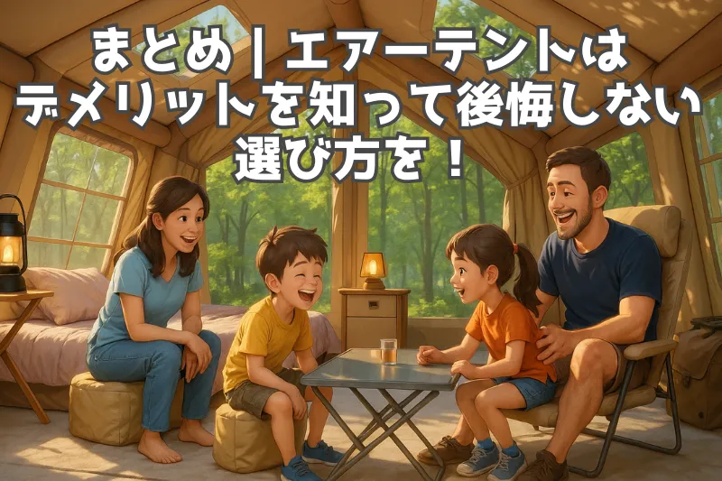 アニメ調3DCG風の家族キャンプシーン。エアーテント内で楽しむ様子を描いたまとめ用アイキャッチ画像。