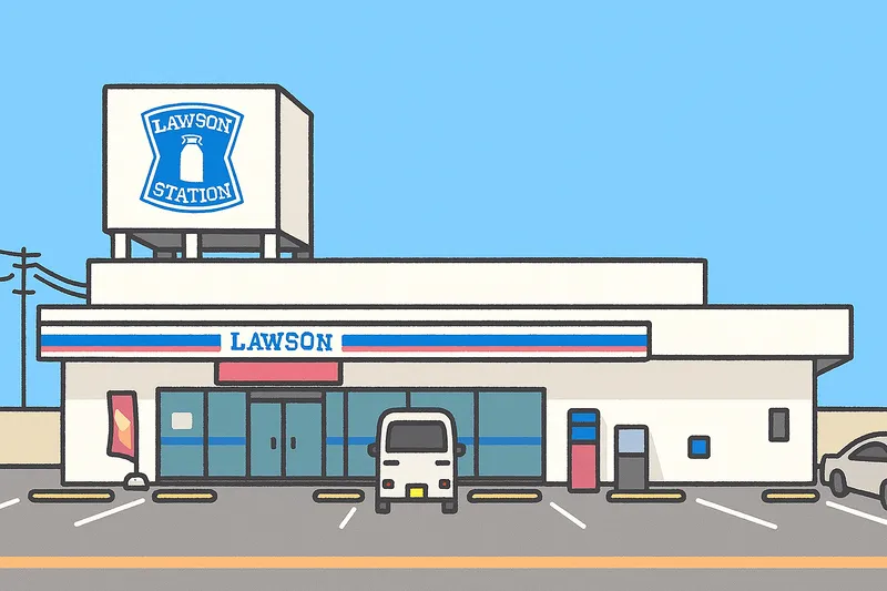 ローソンの店舗を正面から描いたイラスト。青空の下、白い建物に青と赤のラインが入り、看板塔にローソンのロゴが描かれている。駐車場には軽自動車と乗用車が停まっている。