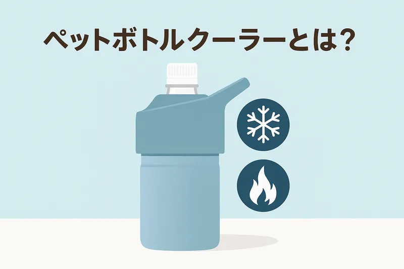 「ペットボトルクーラーとは?」の文字の下にペットボトルクーラーが置かれ、保冷を示す雪の結晶と保温を示す温かさのアイコンが添えられたイメージ