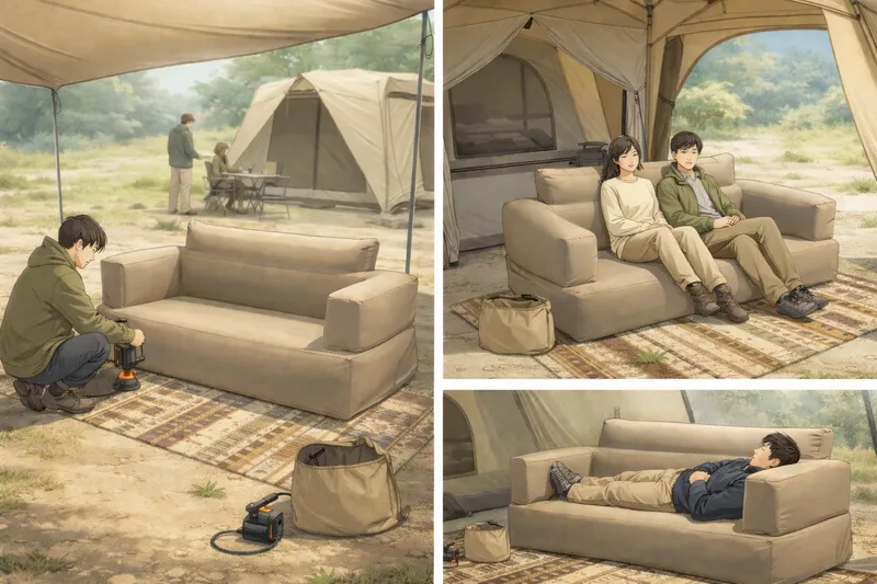 キャンプ用エアーソファーの使い方を解説したイラスト