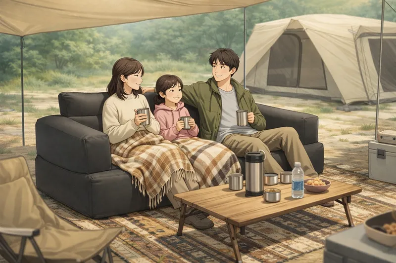 キャンプでエアーソファーに座ってくつろぐ家族のイラスト
