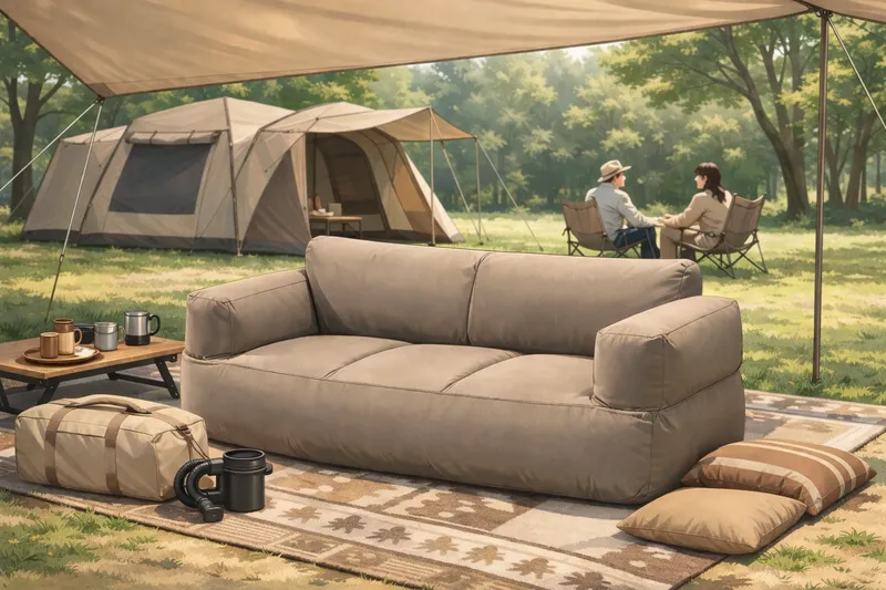 キャンプ用エアーソファーのメリット・デメリットを解説するイメージイラスト