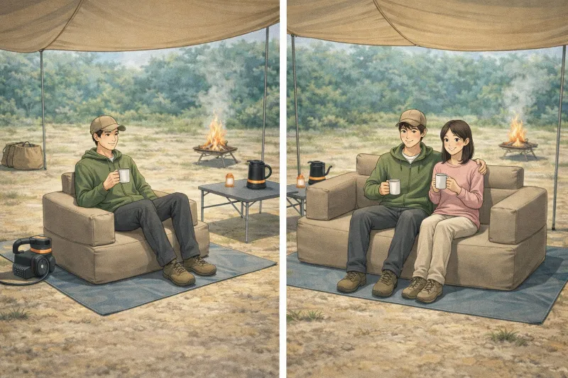 1人用と2人用のキャンプ用エアーソファーを比較したイラスト