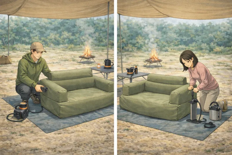 キャンプ用エアーソファーを電動ポンプと手動ポンプで膨らませる比較イラスト
