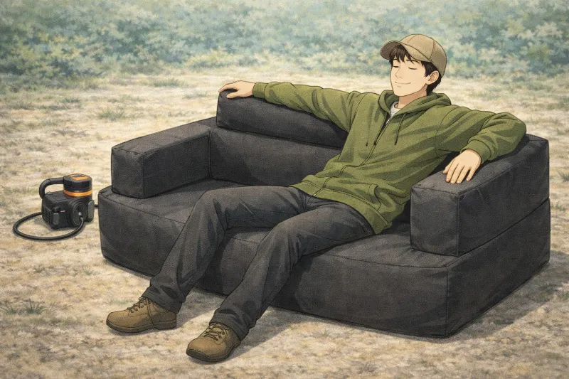 キャンプ用エアーソファーの座り心地と安定感がわかるイラスト