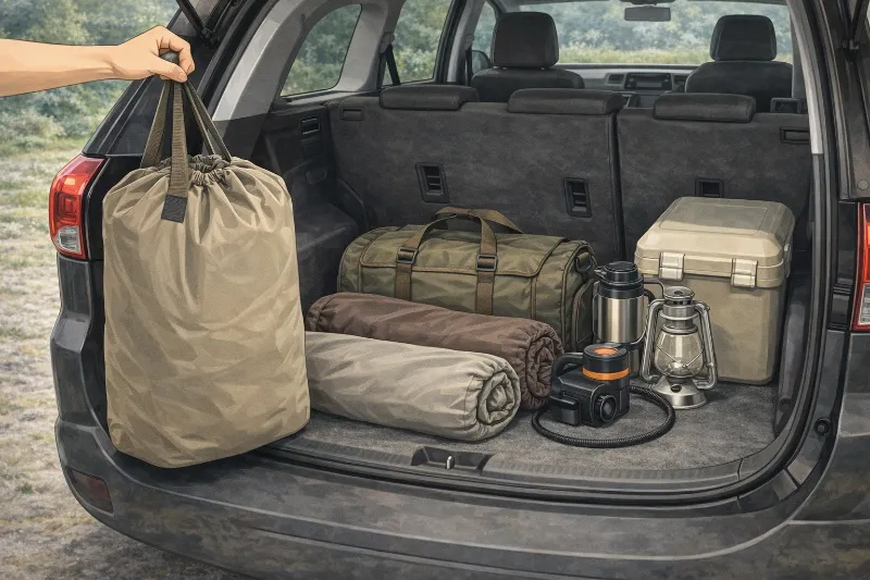 キャンプ用エアーソファーの収納サイズと車載イメージ