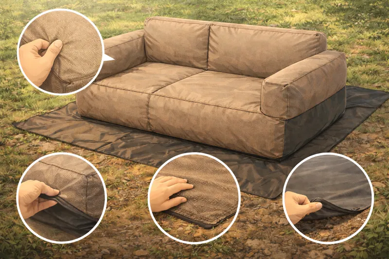 アウトドア用エアーソファーの素材と設置場所を解説するイラスト