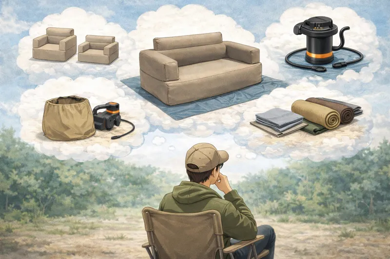 キャンプ用エアーソファーの選び方を考える男性のイラスト