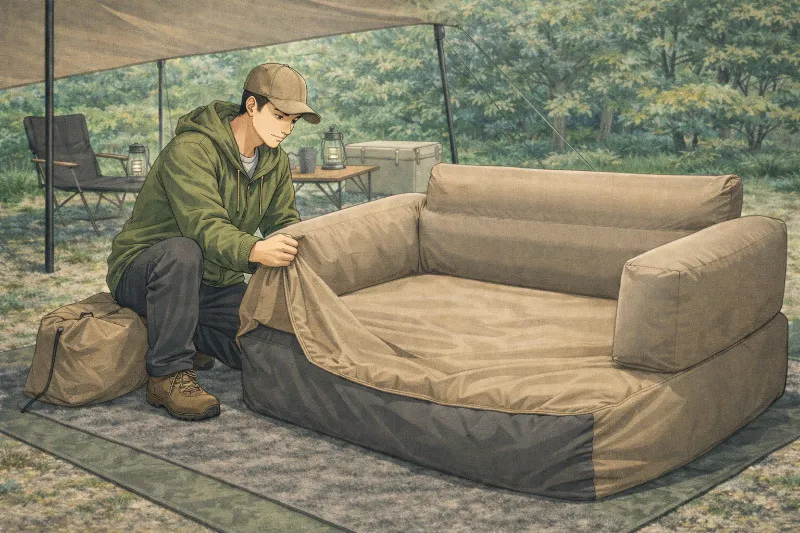 キャンプ用エアーソファーを収納袋から広げるイラスト
