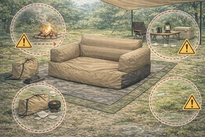 キャンプ用エアーソファーの注意点を解説したイラスト