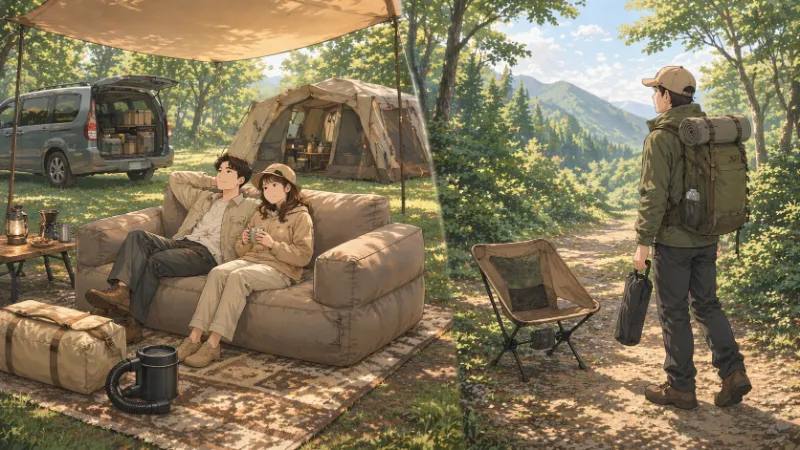 エアーソファーが向いているキャンプスタイルを比較するイラスト