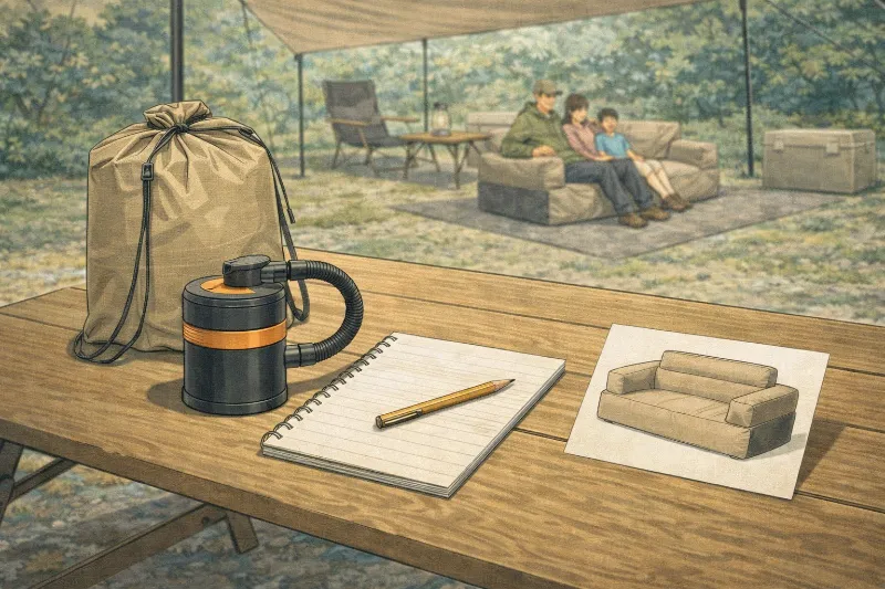 キャンプ用エアーソファーのFAQを確認するイラスト