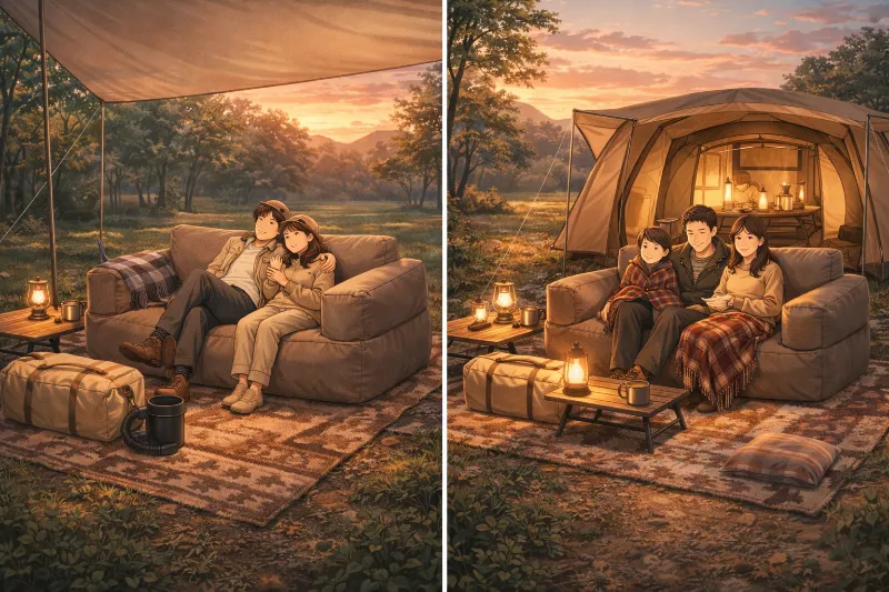 キャンプ用エアーソファーでくつろぐ家族キャンプのイラスト