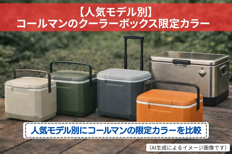 コールマンのクーラーボックス限定カラーが人気モデル別に並んでいるイメージ