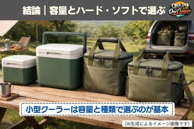 コールマンの小型クーラーボックスを容量とハード・ソフトで比較するイメージ