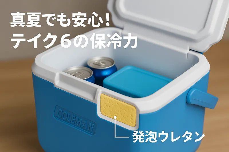 コールマン『テイク6』クーラーボックスの断面カット図。クーラー本体に断熱材として発泡ウレタンが充填されている様子を示し、保冷力の高さをわかりやすく図解している。