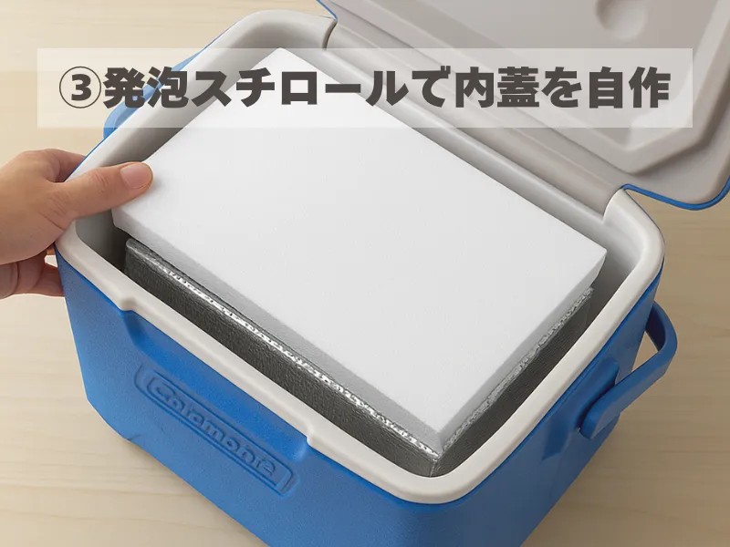 コールマン「テイク6」のフタを開けた状態で、内寸に合わせて発泡スチロールとアルミシートで自作した内蓋をセットする様子を示す解説画像