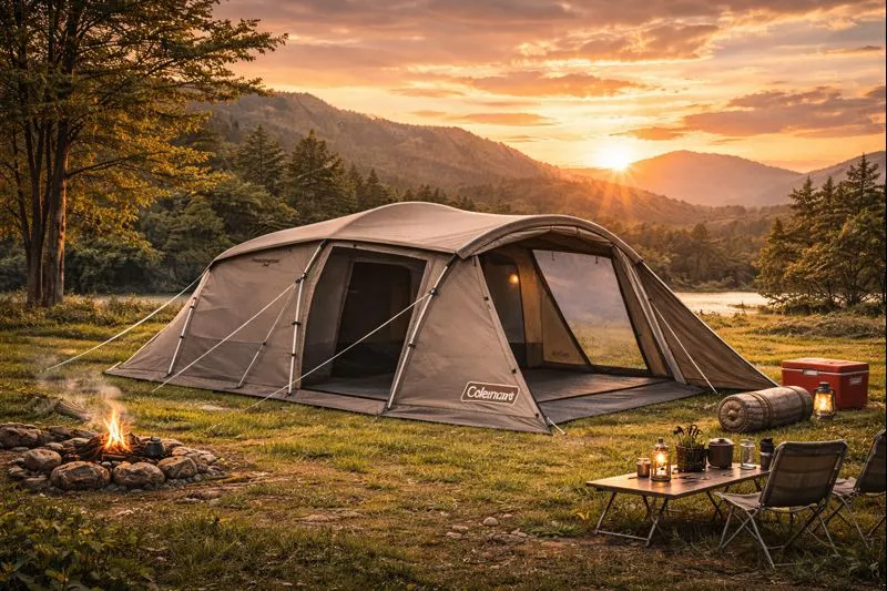 夕日が沈む時間帯のキャンプサイトに設営されたコールマンの2ルームテント「タフスピードドーム」。静かな雰囲気の中で佇むテントの外観イメージ。