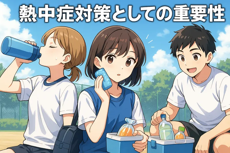 屋外で水分補給、保冷剤で首元を冷やす、凍らせたペットボトルを手にする中学生の熱中症対策イラスト
