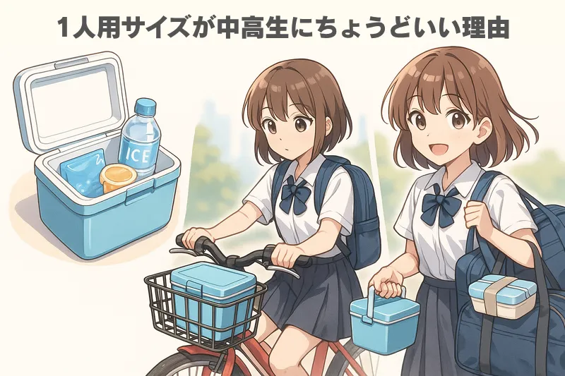 自転車や荷物と一緒に持ち運べる1人用クーラーボックスを描いたアニメ風イラスト