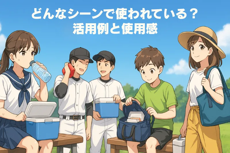 運動後にクーラーボックスから冷たい飲み物を取り出す中高生のイラスト