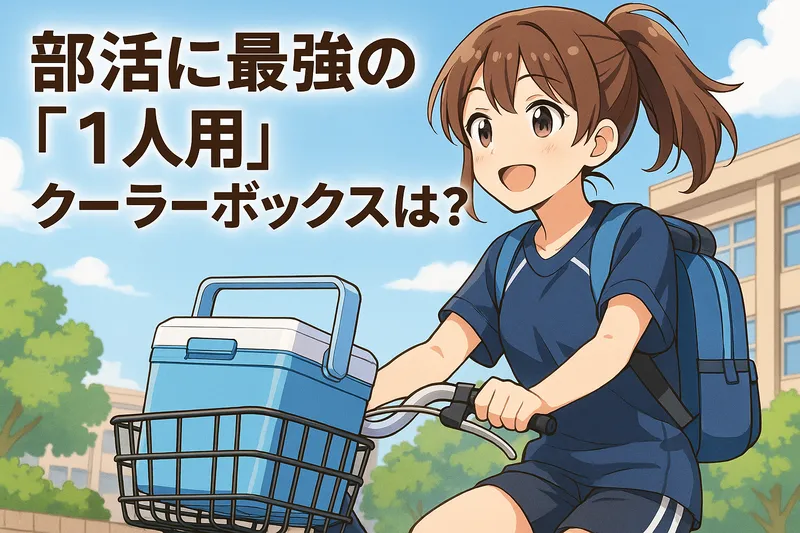 自転車のカゴにクーラーボックスを載せて部活に向かう女子学生のイラスト