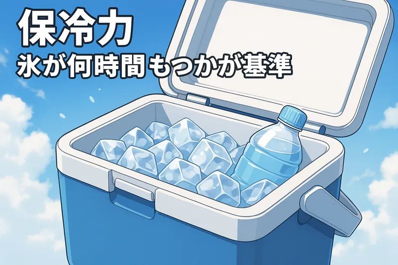 氷が長時間もつかを示す保冷力の重要性を解説するイラスト