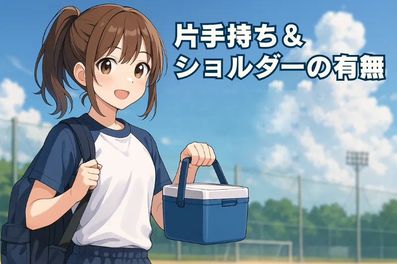 片手で持てるタイプのクーラーボックスを持つ女子部員のイラスト