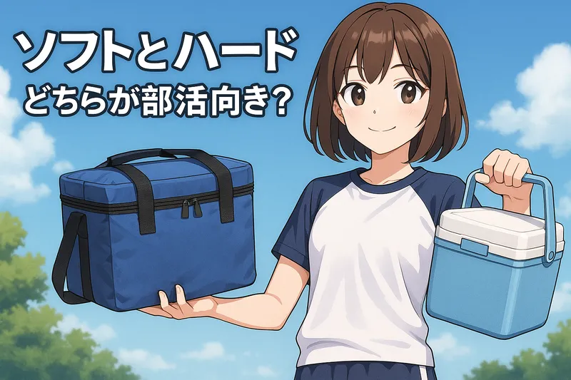 ソフトタイプとハードタイプのクーラーボックスを持つ女子部員のイラスト