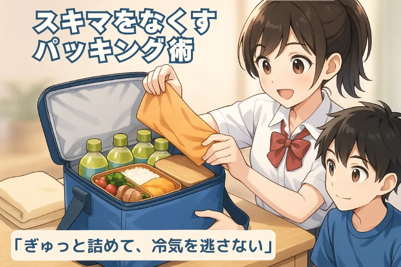 クーラーボックスの中をタオルで埋める男女兄弟のアニメイラスト