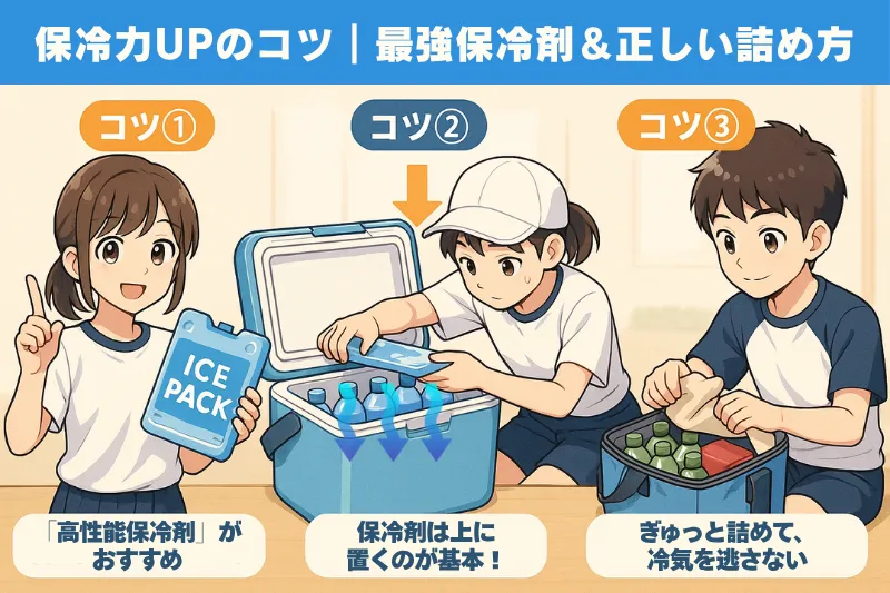 保冷力アップの3つのコツを解説する横長のアニメ風インフォグラフィック