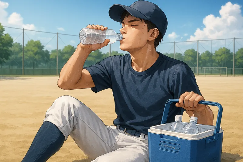 運動場で、野球をする中高生が、水分補給をしているシーン。横にコールマン テイク6 のクーラーボックスがある。