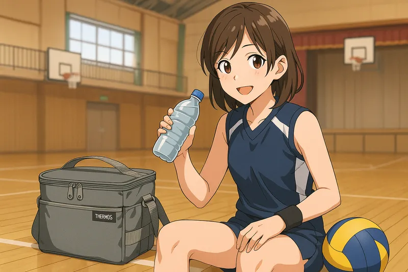 体育館で、バレーをする女子中高生が、ペットボトルで水分補給をしているシーン。横にサーモスのソフトクーラーがある。