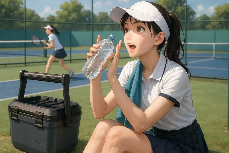屋外のベンチで水を飲みながら仲間を応援する女子中高生の写真風アニメイラスト。横にSTANLEYのクーラーボックスがある。
