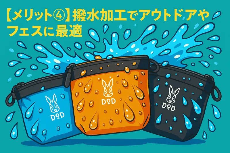 DOD「ミッツ・ワケポーチ」撥水加工イメージ。3色のポーチに水滴が弾かれる様子を描いたポップなイラスト。アウトドアやフェスで使いやすい防滴性を表現。
