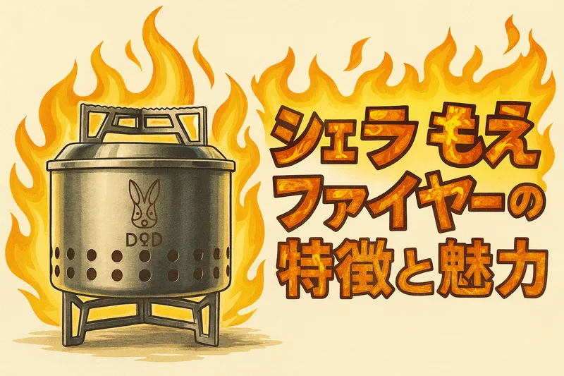 DODの新作コンパクト焚き火台「シェラもえファイヤー」をモチーフにした高画質イラスト。ステンレス製の本体がテーブル上に置かれ、タイトル「シェラもえファイヤーの特徴と魅力」が炎のように燃える装飾文字で描かれている横長16:9画像。