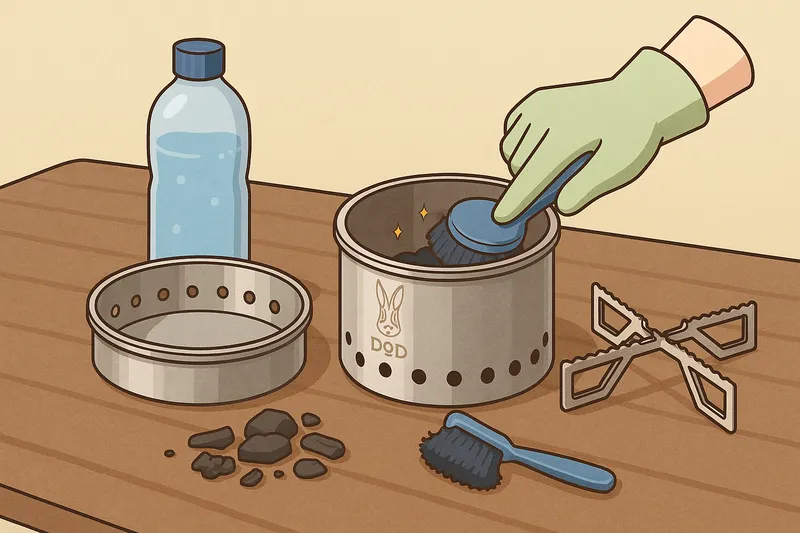 DOD「シェラもえファイヤー」を分解してお手入れする様子を描いたイラスト。灰やススを取り除き、水洗いやブラシで掃除できる構造を表現。乾燥後に収納できる手軽さを伝える横長16:9画像。