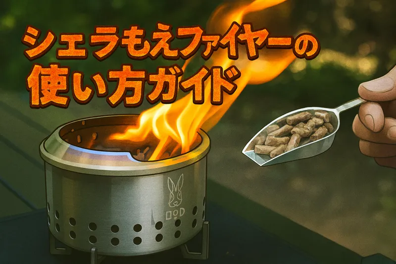 DODの小型焚き火台「シェラもえファイヤー」をモチーフにした高画質イラスト。木質ペレットを投入し、炎が立ち上る使用シーンを描写。アウトドアの雰囲気を背景に、タイトル「シェラもえファイヤーの使い方ガイド」がわかりやすく配置された横長16:9画像。