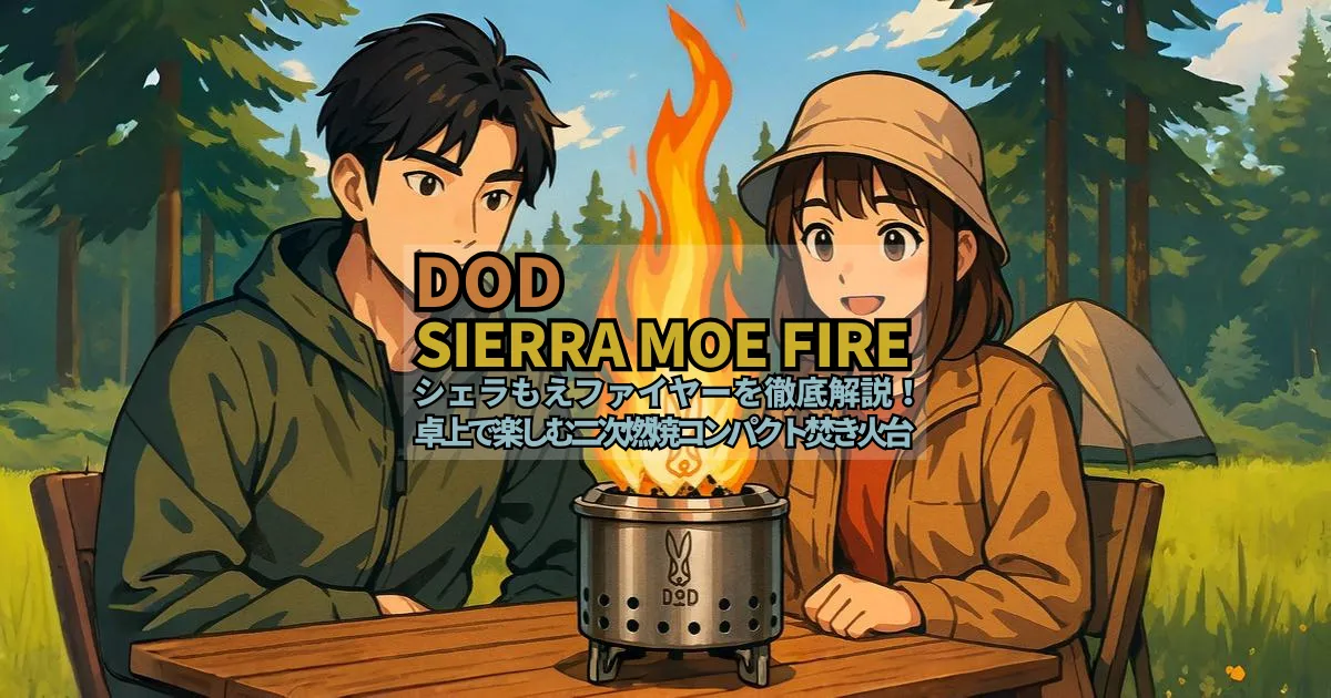 【DOD新商品】シェラもえファイヤー解説記事のタイトル下アイキャッチ画像。キャンプ場で日本人カップルキャンパーが卓上焚き火を楽しむ様子を描いたイラスト。