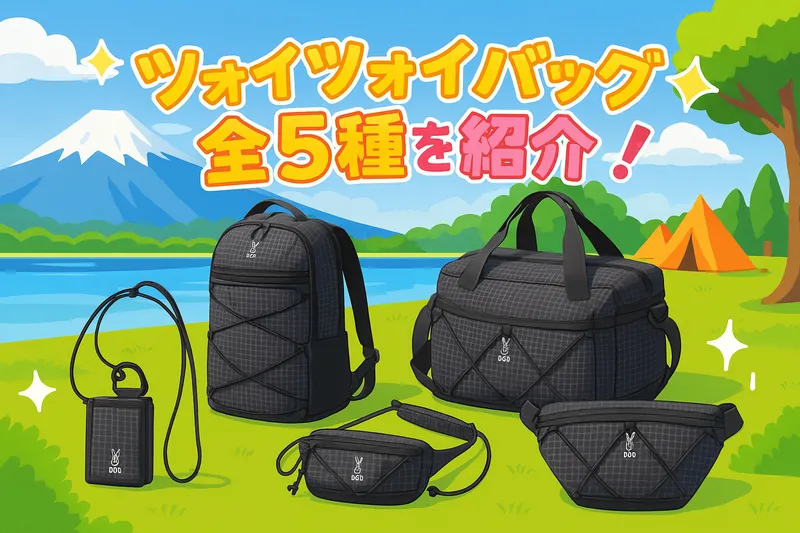 富士山と湖を背景にDODツォイツォイバッグ全5種が並んだポップなキャンプ用アイキャッチ