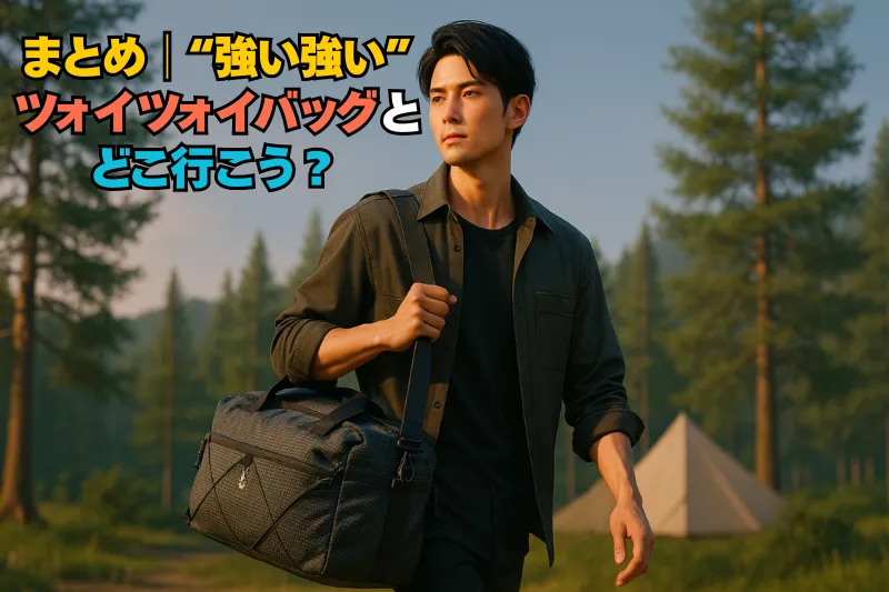 日本人ソロキャンパーがツォイツォイボストンバッグを肩にかけてキャンプ場へ向かう3DCGアニメ調の高画質イラスト