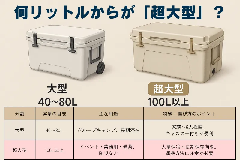 60Lクラスの大型クーラーボックスと100Lクラスの超大型クーラーボックスを比較した3DCGイラスト。各サイズの特徴や用途を視覚的に示したガイド画像。