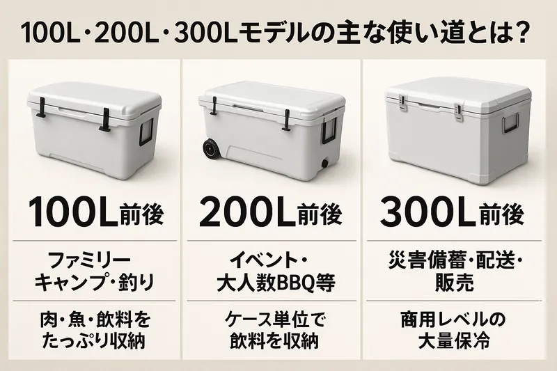100L・200L・300Lのクーラーボックスを並べて比較したリアルな3DCGイメージ。サイズ感と使用シーンの違いを視覚的に示す横長の比較図。