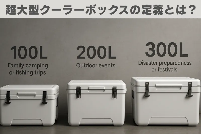 100L・200L・300Lのホワイトカラー大型クーラーボックス3台を横並びで比較した3DCGイメージ。容量の違いが一目で分かる視覚的ガイド。「超大型クーラーボックスの定義とは?」の文字入り。