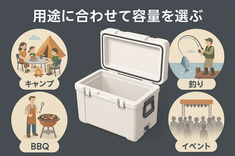 超大型クーラーボックスの周りに、キャンプ、BBQ、釣り、イベントのイラストを並べたリアルな3DCGイラスト。「用途に合わせて容量を選ぶ」の文字を入れた横長画像。