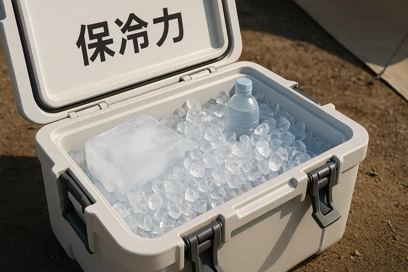 超大型クーラーボックスが開かれ、内部に氷とペットボトルが収納されているリアルな3DCGイメージ。保冷力や氷の使い方を視覚的に示したアイキャッチ画像。