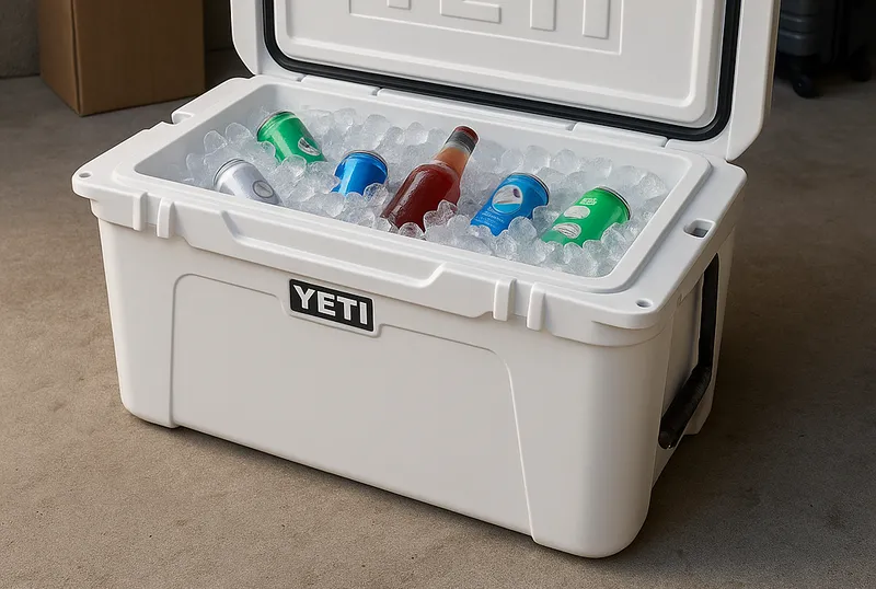 フタが開いたYETI風の超大型クーラーボックスに、氷と缶・瓶の飲み物がたっぷり詰められたリアルな3DCGイメージ。輸入モデルの使用シーンを想起させるビジュアル。